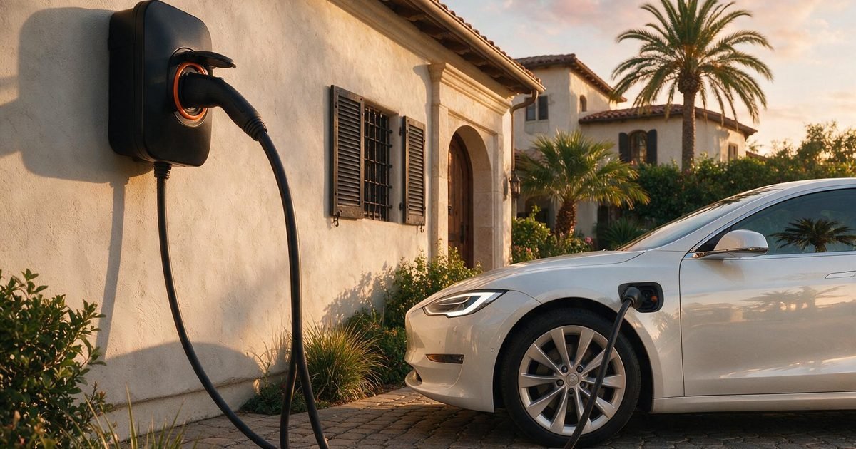 Cargador wallbox instalado en la fachada de una vivienda cargando un coche eléctrico
